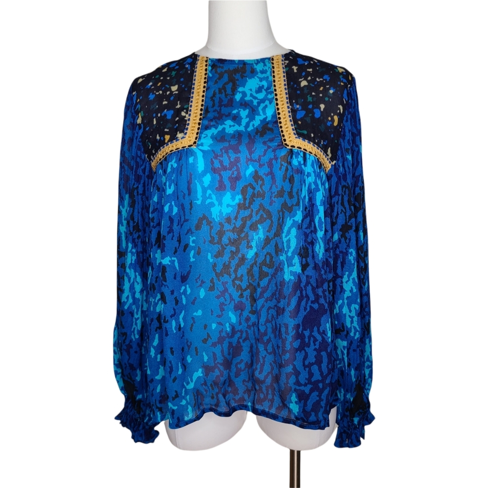Anthro Bl-nk Miranda Electric Blue Animal Print Peasant Blouse XS